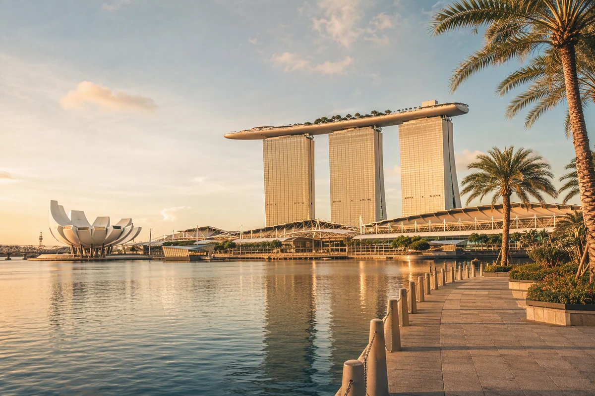 Illustrative Singapore waterfront scene with Marina Bay Sands; destination artwork, not a trip photograph.